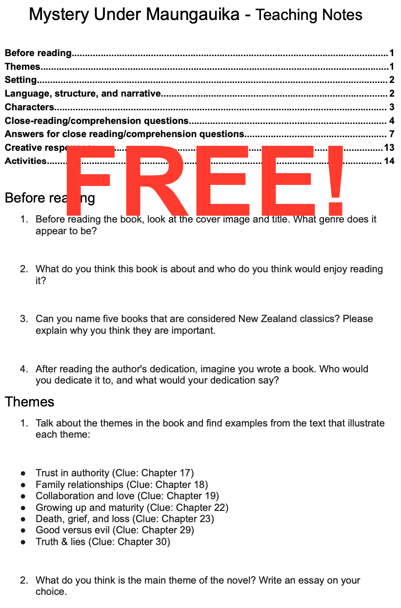 FREE Teacher's Notes for Mystery Under Maungauika